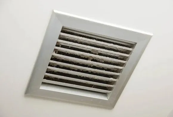 Indoor ceiling air vent with grille for expert air duct mold removal solutions.