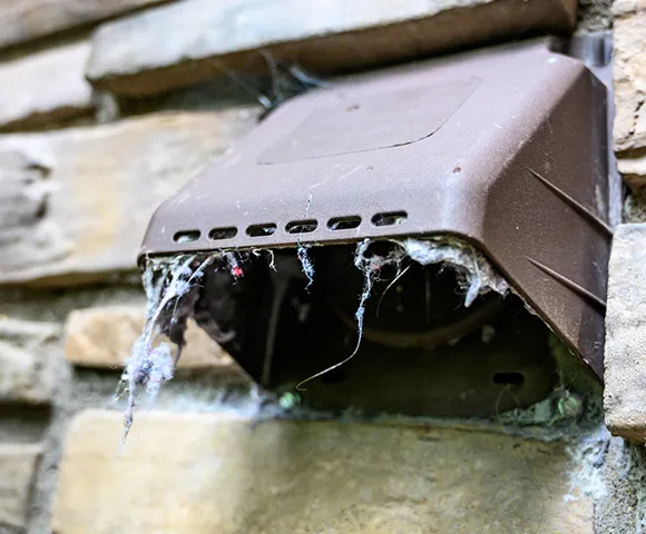Outdoor metal dryer vent cap leaking water and ice accumulation on the vent opening.