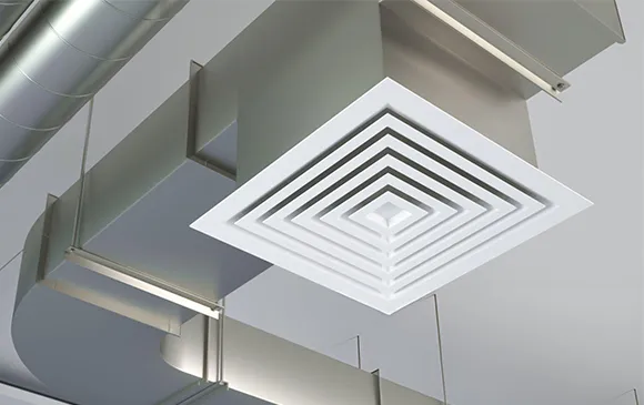 Professional air duct disinfecting services showing clean ceiling HVAC vent grille in West Bend WI.
