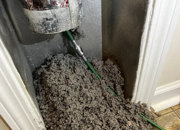 Responsible dryer vent inspection and maintenance removing lint buildup in Fond Du Lac WI home.