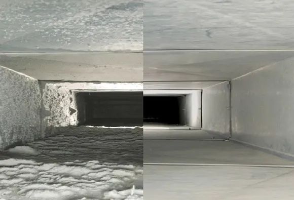 Reliable emergency air duct cleaning services showing before and after duct interior cleaning in Manitowoc WI.