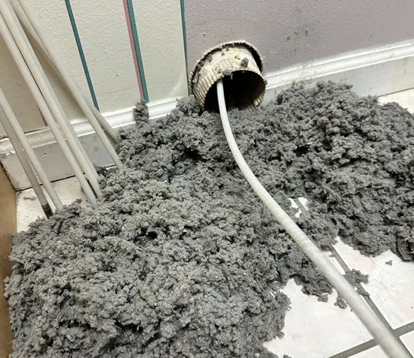 Clogged indoor dryer vent pipe filled with lint and dust prompting professional dryer vent cleaning in Appleton WI.